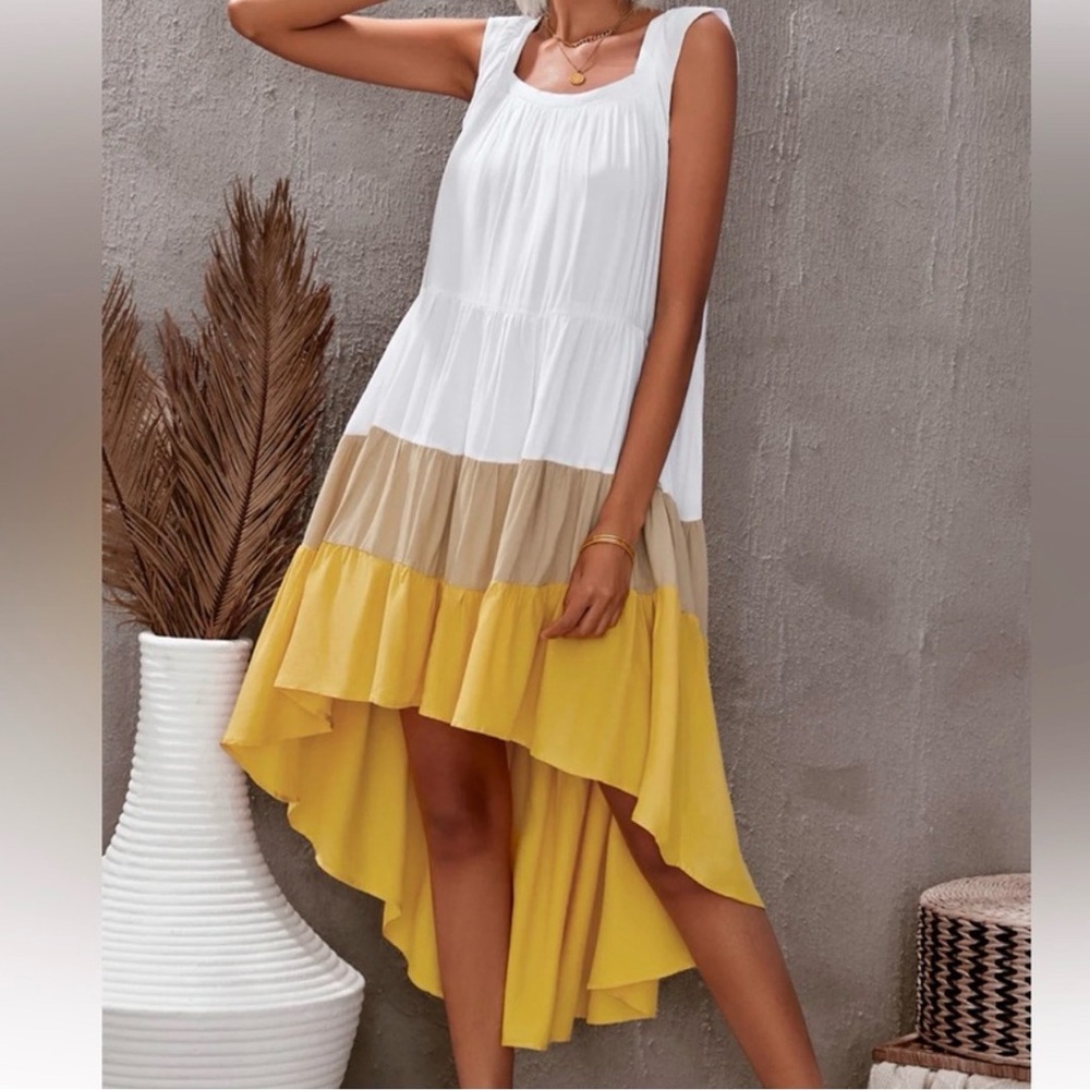 Tiered Sleeveless Summer Dress - White, Tan, Mustard